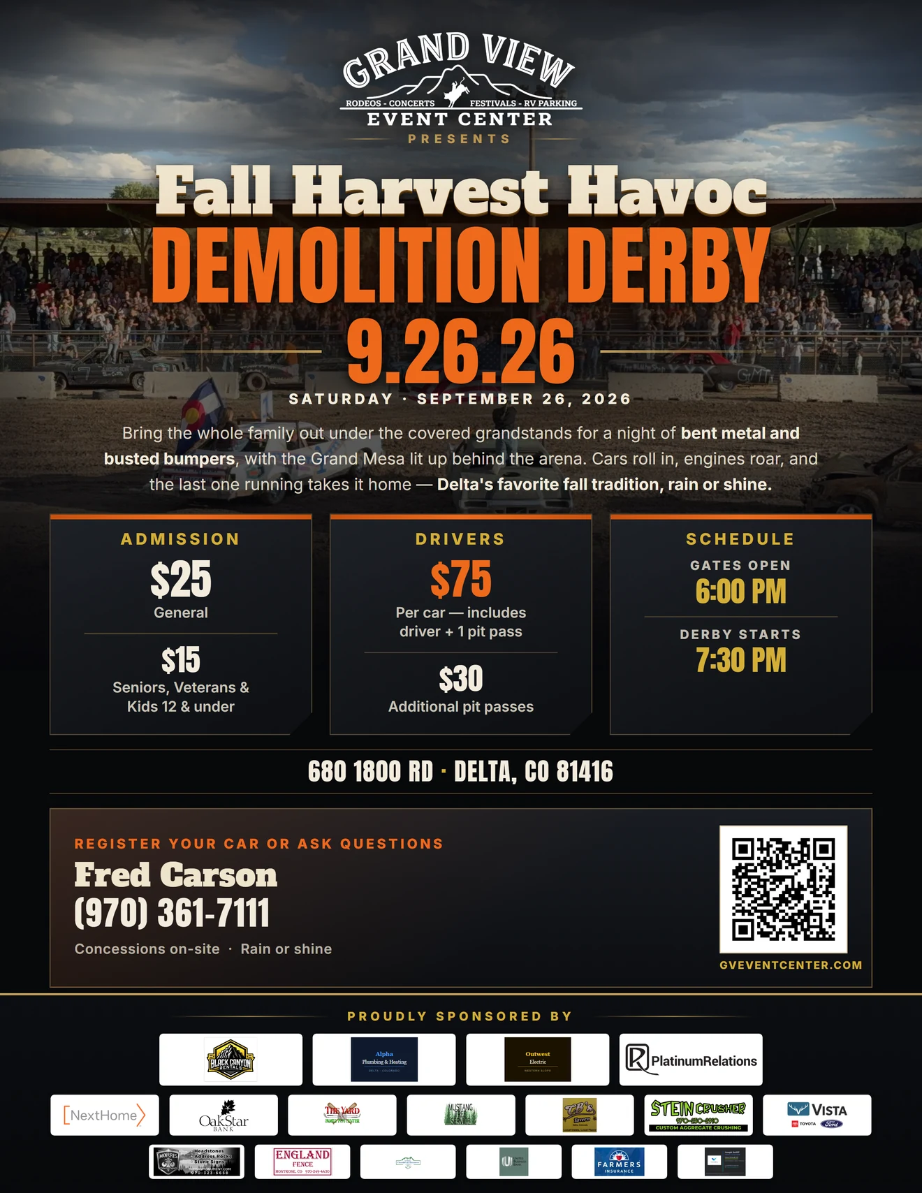Fall Harvest Havoc Demolition Derby flyer — Saturday, September 26, 2026 at Grand View Event Center