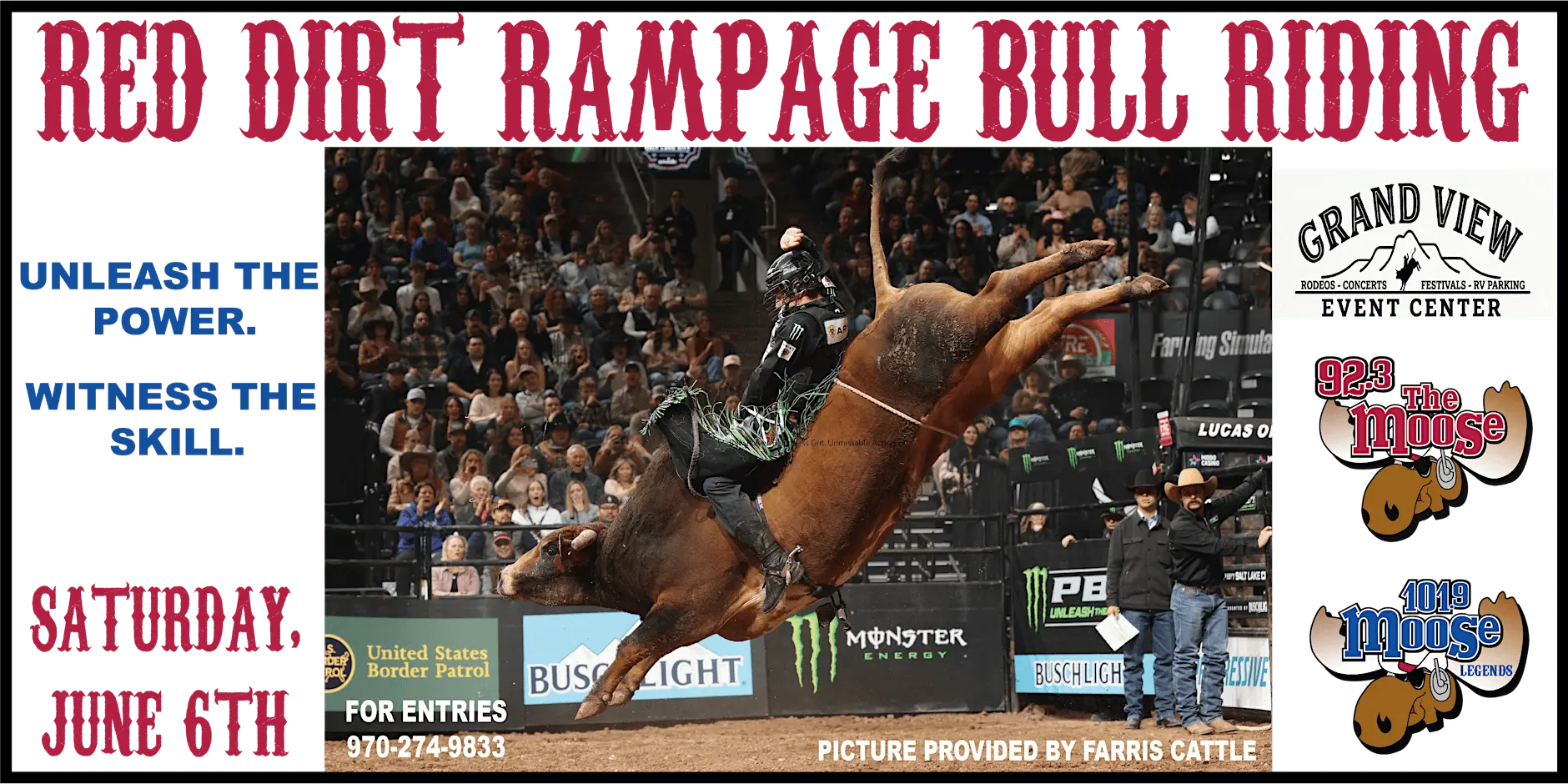 Red Dirt Rampage Bull Riding — June 6, 2026 at Grand View Event Center. Gates open 6:00 PM, rodeo starts 7:30 PM.